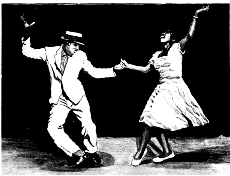 Good Morning Gloucester. According to Good Morning Gloucester website: "We have a very simple agenda here at GMG- To Have Fun.  To Make Friends.  To Laugh Every Day, and to Go After Every Win/Win Situation We Possibly Can." This is a black an white photo of two dancers dressed in "old timey" apparel to illustrate fun, perhaps.