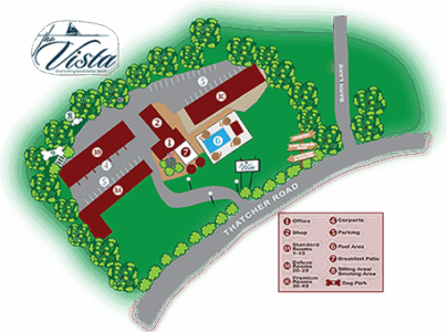 Download The VIsta Property Map to see rooms, office, breakfast room and pation, and pool locatios o the property.