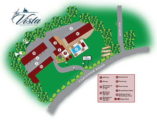 Download The VIsta Property Map to see rooms, office, breakfast room and pation, and pool locatios o the property.