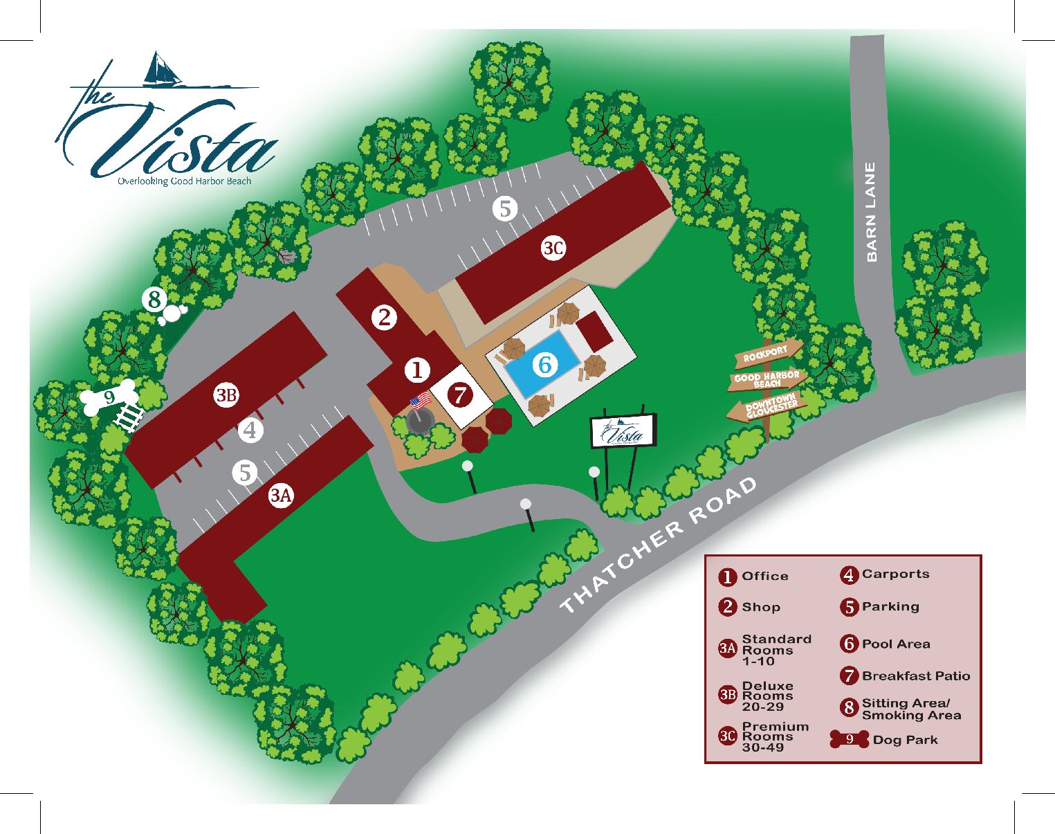 Download The VIsta Property Map to see rooms, office, breakfast room and pation, and pool locatios o the property.
